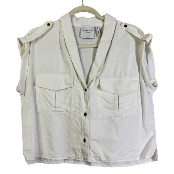 L'ACADEMIE Top Medium Safari Crop Revolve Button Front Shoulder Epaulettes Linen - Picture 2 of 14